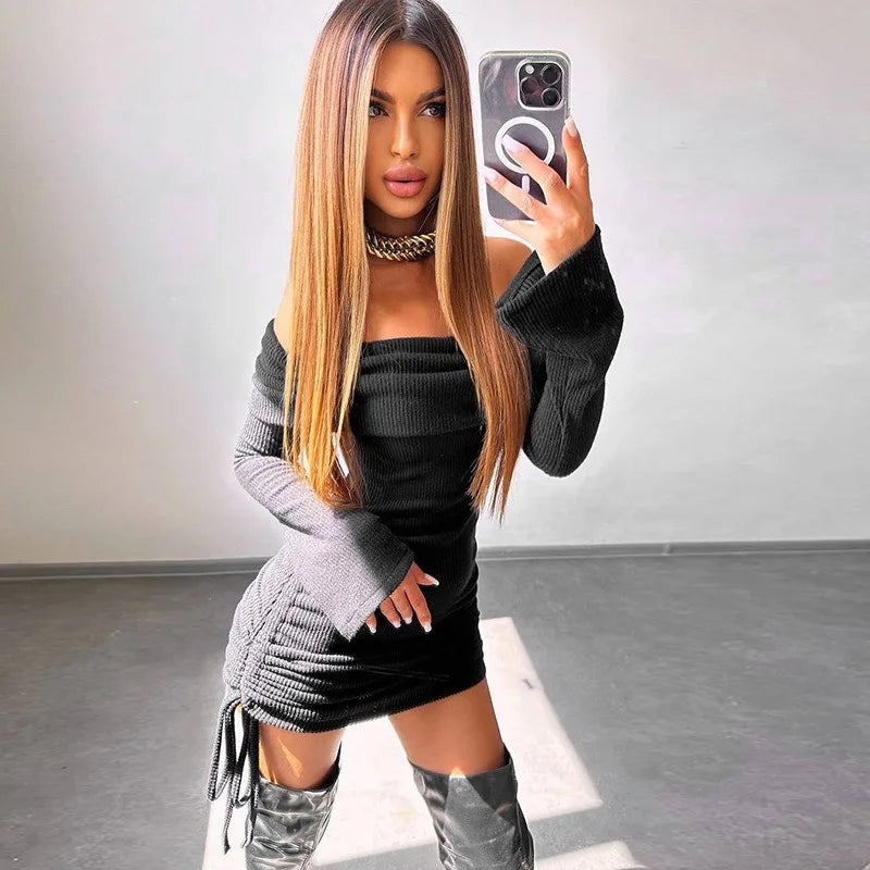 Black Lace Up Long Sleeve Knit Dress For Women Autumn