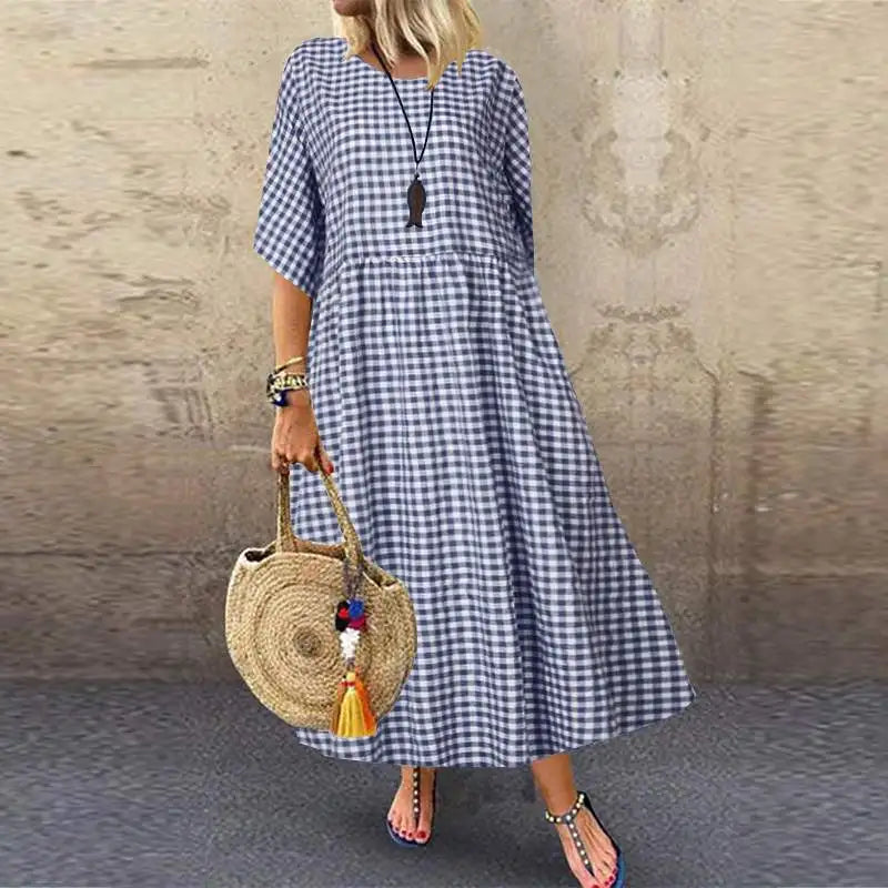 Bohemian Maxi Dress for Women Plaid Print Loose A Line
