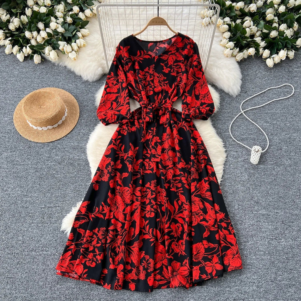 Boho Floral Print Pleated Maxi Dress With Puff Sleeves Belt