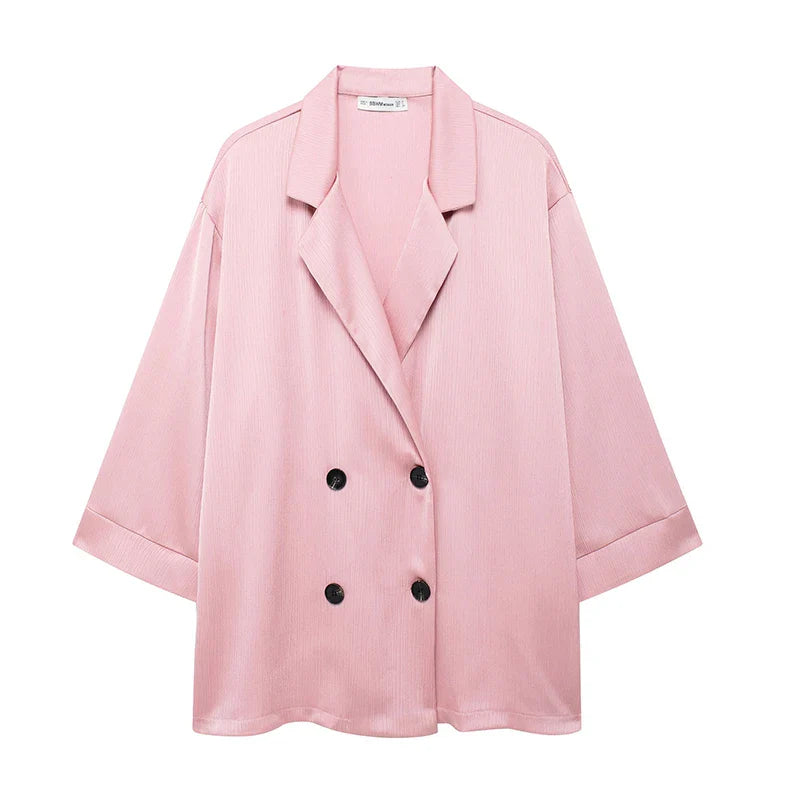 Chic Women's Two Piece Set with Solid Double Breasted Blazer and Vintage Elastic Waist Trousers for Effortless Style