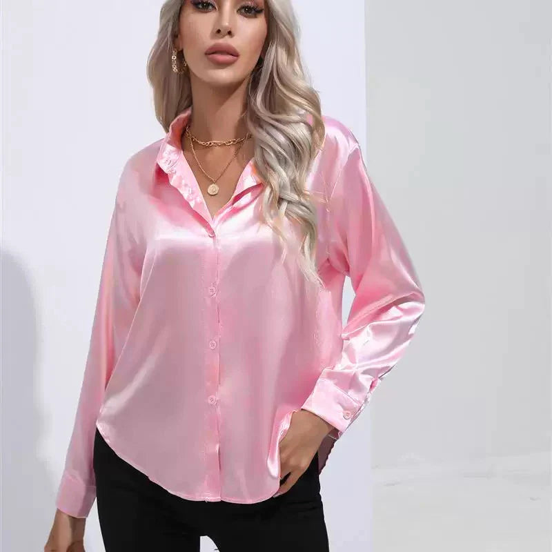 Elegant Autumn Satin Blouse for Women Multicolor Slim Fit Solid Vintage Style Transparent Button Shirt Perfect for Casual and Party Wear