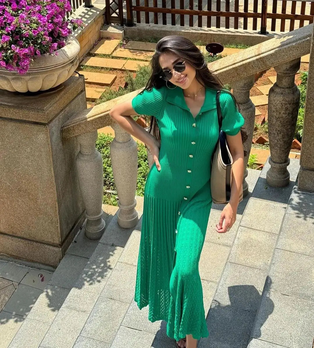 Green Knitted Long Dress With Lapel Puff Sleeves For Women