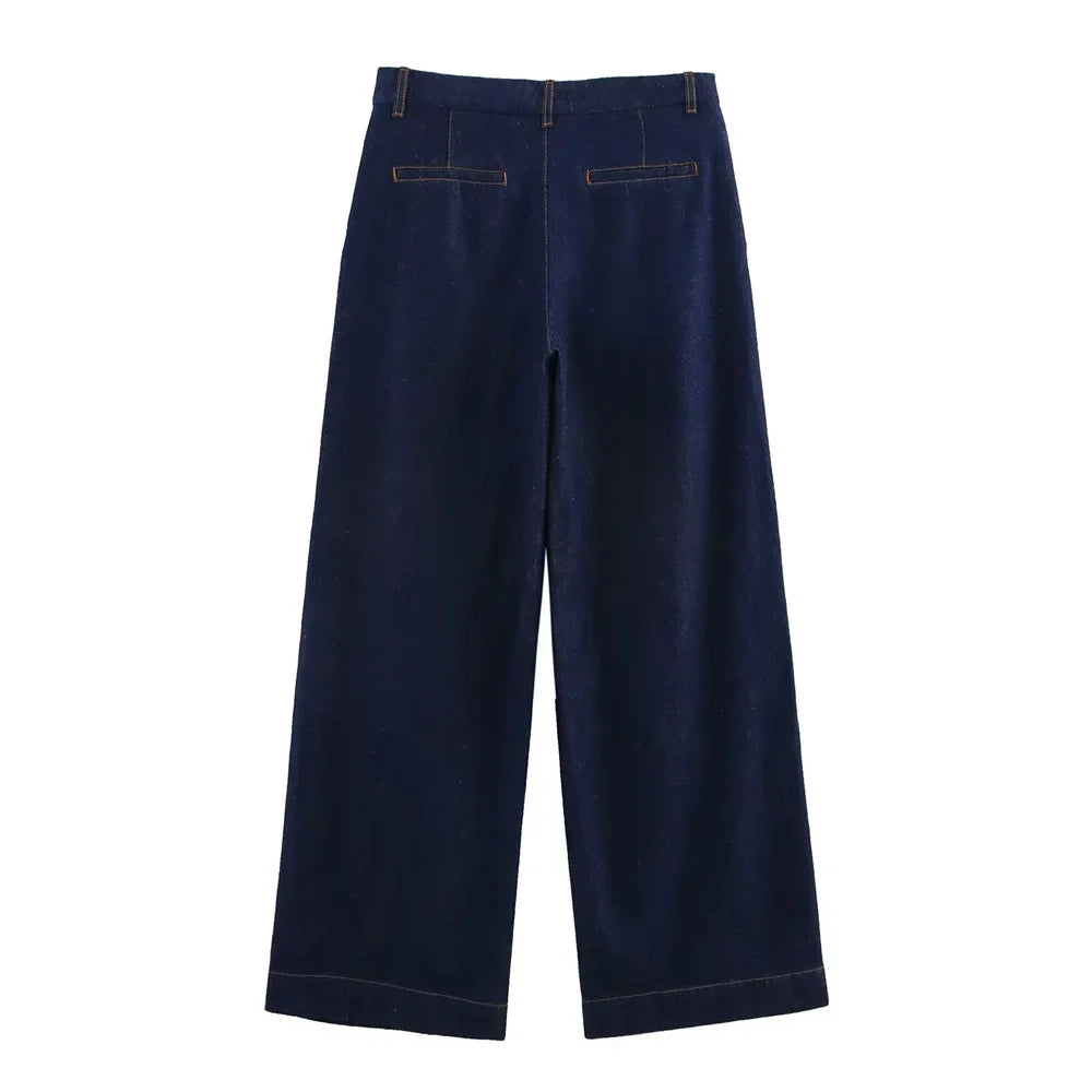 Women Denim Set Loose Fit Button Down Shirt and Wide Leg Pants Casual Outfit