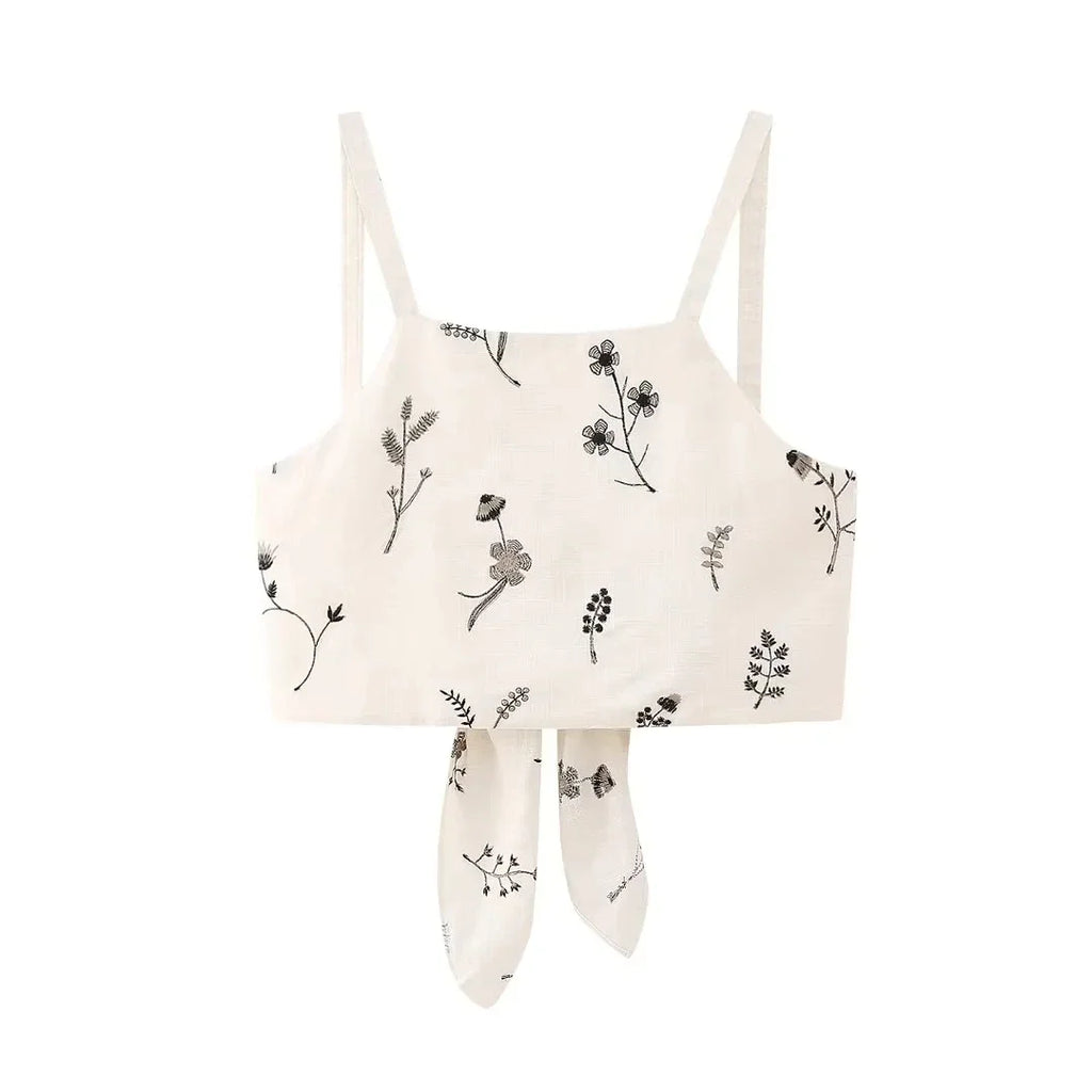 Summer Women Two Piece Set Embroidered Bowknot Short Sling Top with Elegant Midi Skirt Slim Fit Casual Fashion Outfit