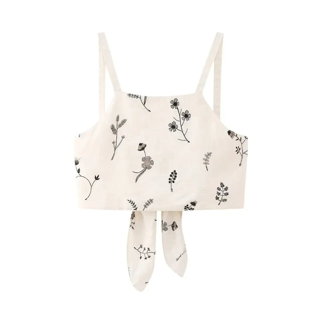 Summer Women Two Piece Set Embroidered Bowknot Short Sling Top with Elegant Midi Skirt Slim Fit Casual Fashion Outfit