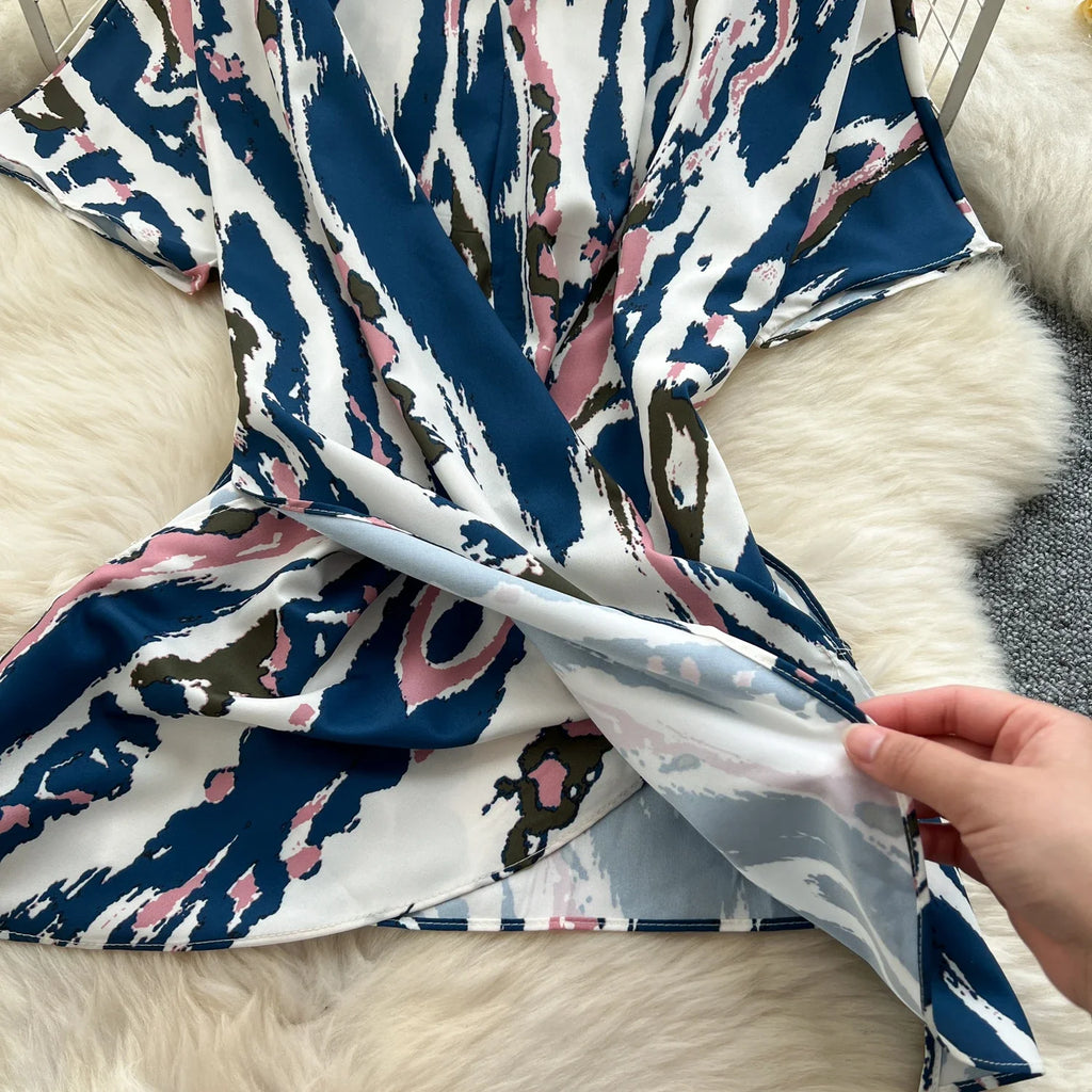 Printed Women Summer Fashion Two Piece Set with Short Sleeve Top and Wide Leg Long Pants for Casual Streetwear Outfits