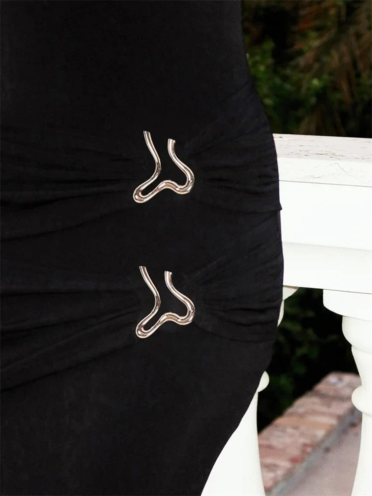 Elegant Black Pleated Maxi Dress For Women With High Waist