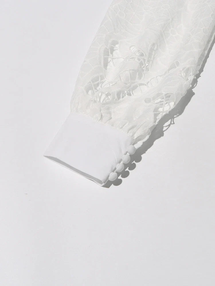 Patchwork Lace Hollow Dress Belted Lantern Sleeve For Women