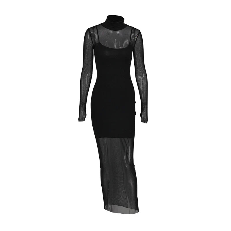 Sexy Mesh Sheer Maxi Dress Long Sleeve O Neck Women