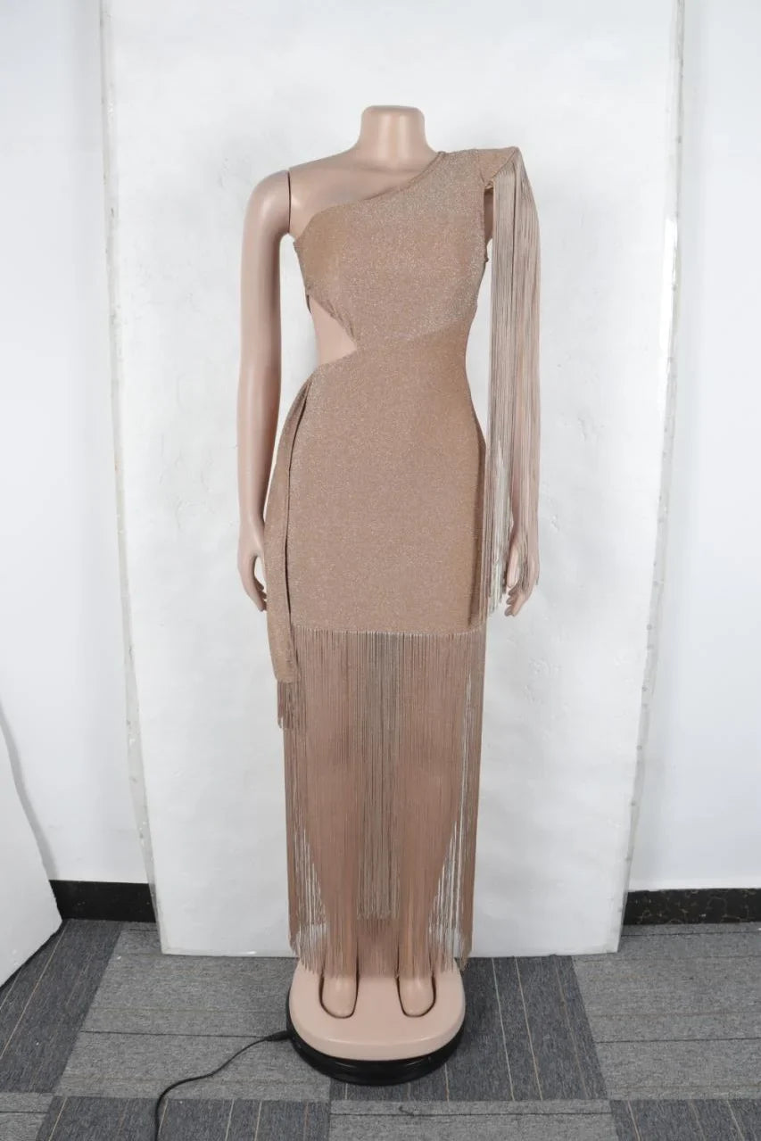 One Shoulder Diagonal Fringe Maxi Dress With Tassels