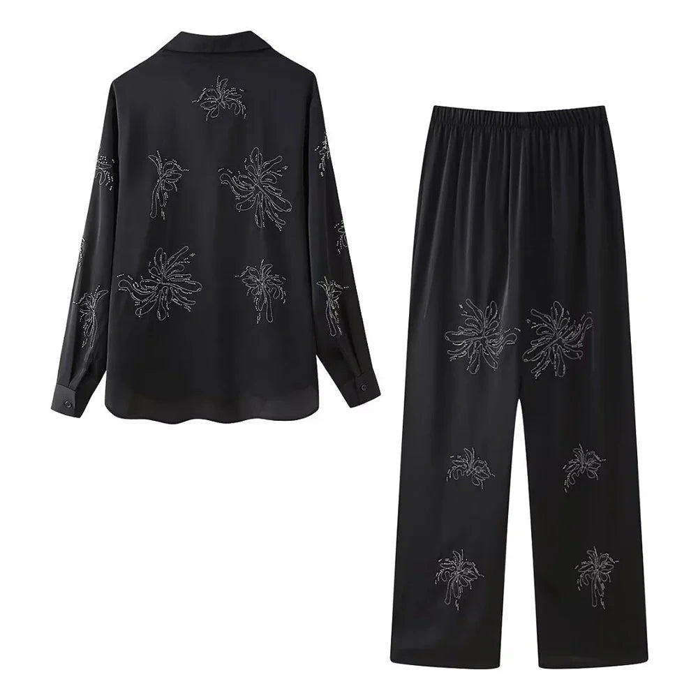 Women's Beaded Embroidery Long Sleeve Shirt and Loose Trousers Set with Lace Up Details
