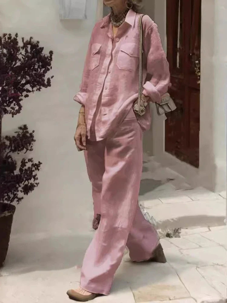 Summer Women's Two Piece Set Flip Collar Solid Color Pocket Shirt and Wide Leg Pants