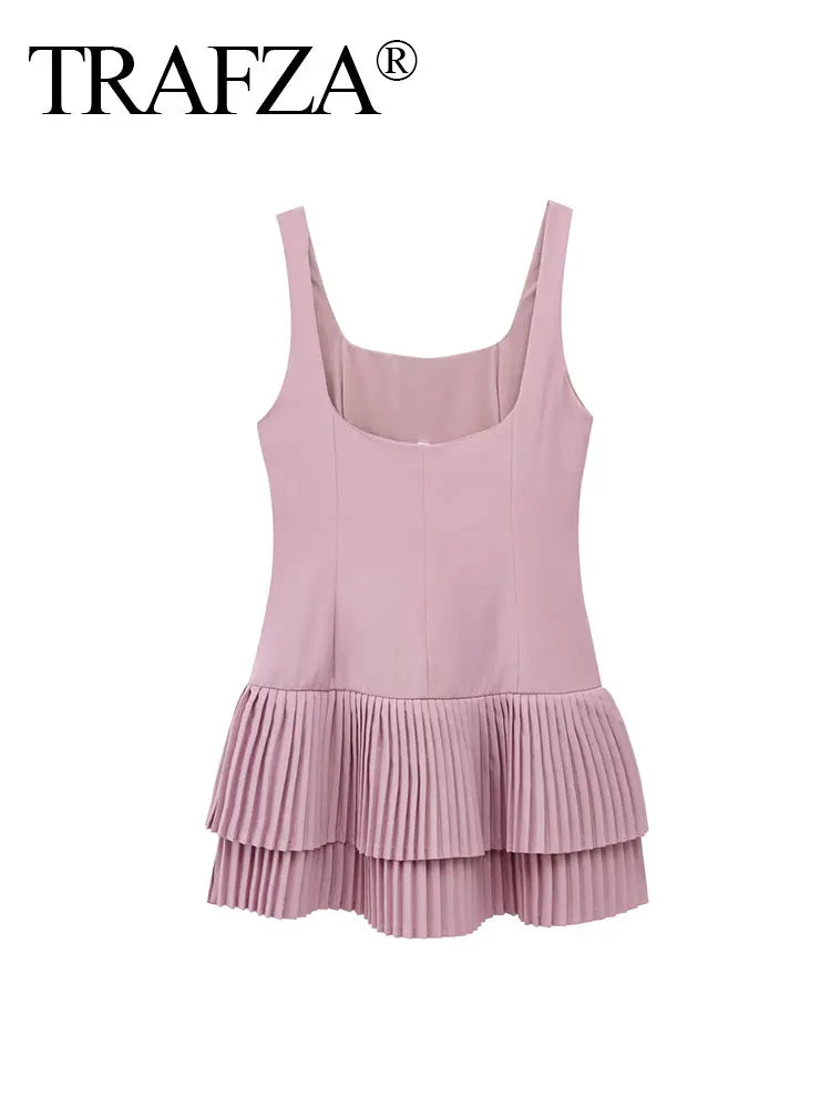 Elegant Womens Sleeveless Solid Mini Dress With Pleated Hem