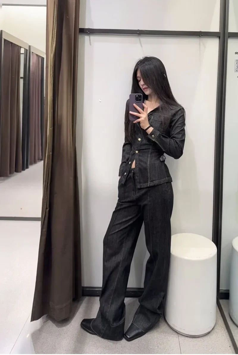 Women's Slim-Fit Denim Shirt with Stretch Waist and Flare Trousers for Comfortable Spring Style