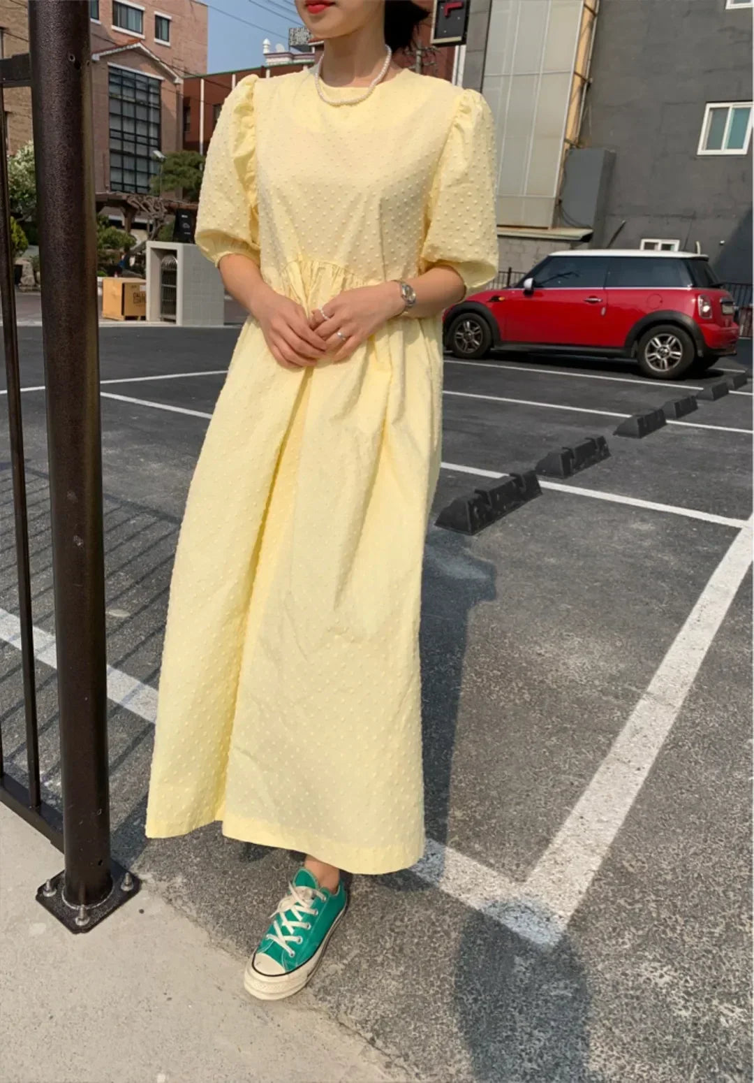 Women Polka Dot Puff Sleeve Long Dress Casual Party