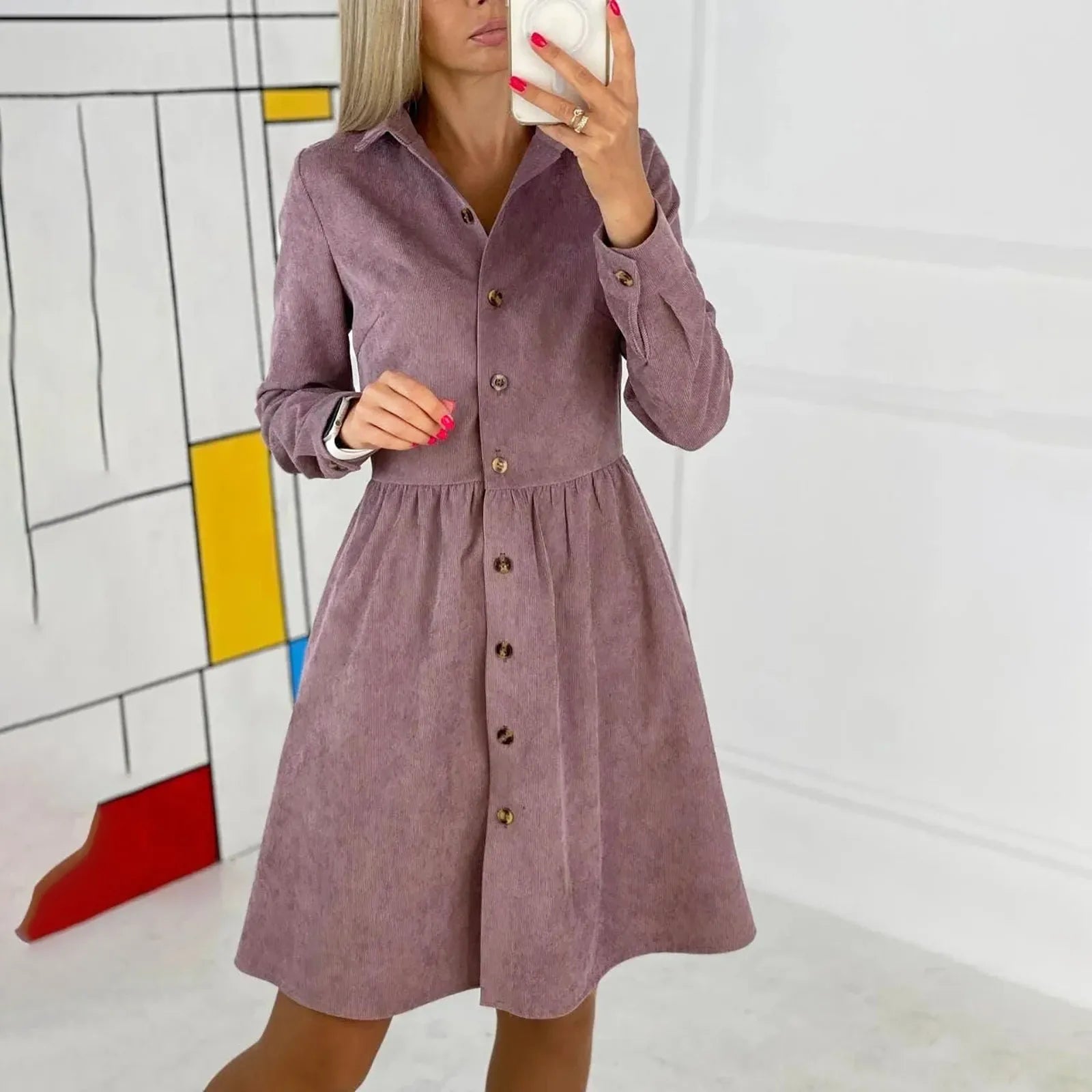 Corduroy Button Down Shirt Dress For Women Long Sleeves