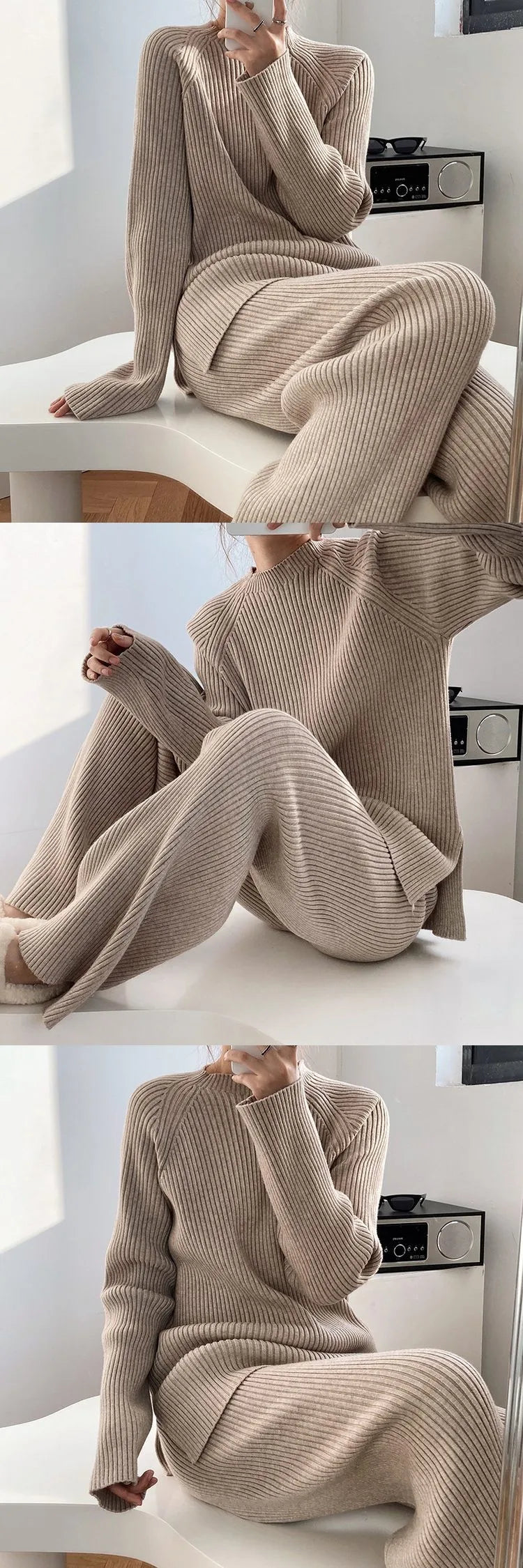 Knitted Tracksuit for Women Autumn Winter Two Piece Set with Half Turtleneck Sweater and Wide Leg Jogging Pants Outfit