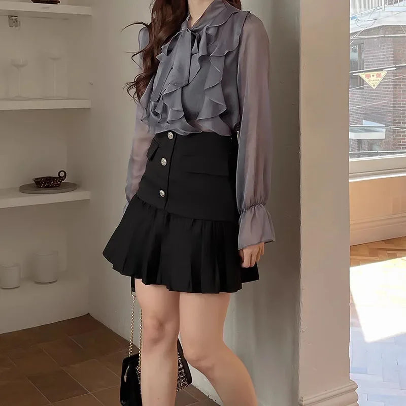 Chic Korean Style Chiffon Blouse for Women with Sweet Bow Tie Long Sleeve Office and Casual Tops Lightweight Summer Shirt