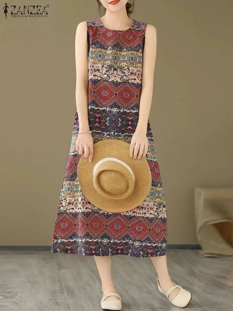 Bohemian Floral Print Sleeveless Midi Dress For Summer