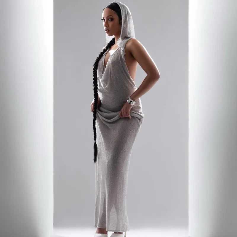 Sleeveless Hooded Dress Slimming Swing Neck Solid Color Long