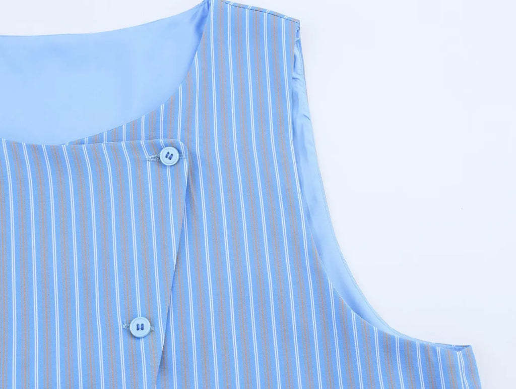 Asymmetric Striped Vest Pants Suit for Women with Round Neck Sleeveless Top and Elastic Waist Pants, Casual Chic Outfit for Spring and Summer