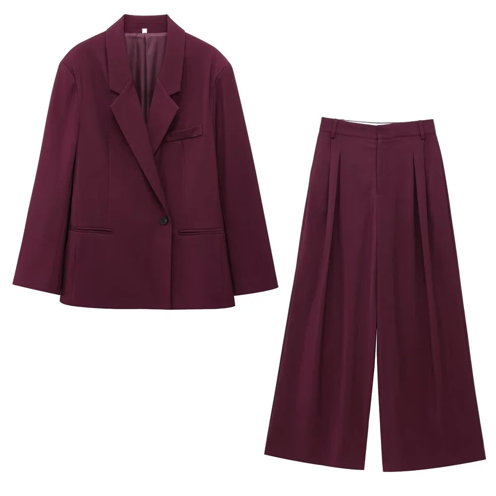 Women's Double Breasted Suit Jacket High Waist Pants Set