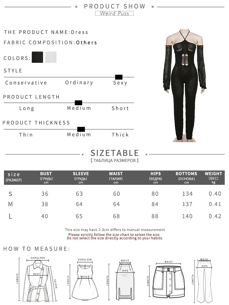 Weird Puss Bandage Knit Halter Jumpsuit with Gloves Women Stretch Sexy Backless Hollow Skinny Street Style Stacked Workout Overalls