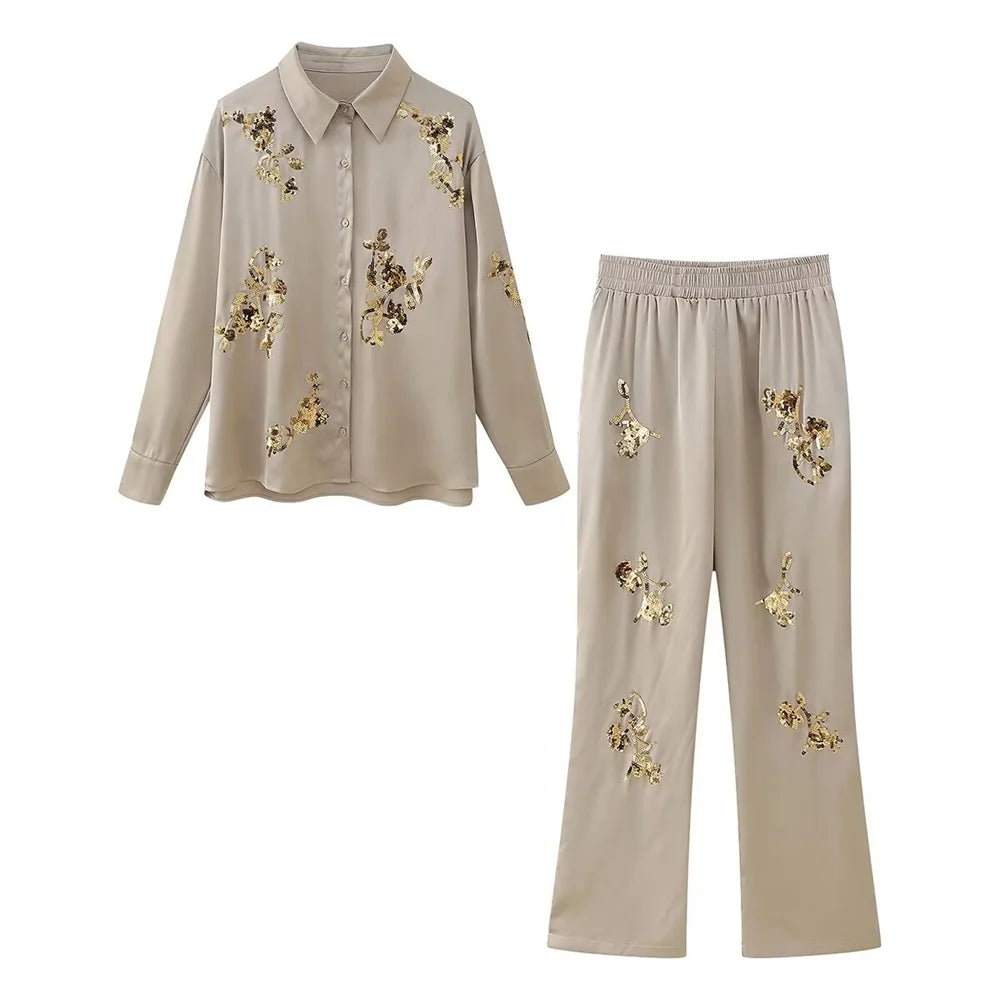 Women's Satin Texture Sequin Embroidered Shirt and High Waist Long Pants Set