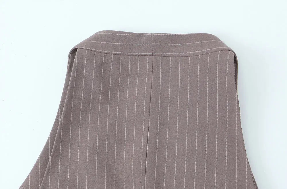 Women's Fashion Striped Two-Piece Set with Belted Waistcoat Top and Low Waist Pocketed Pants