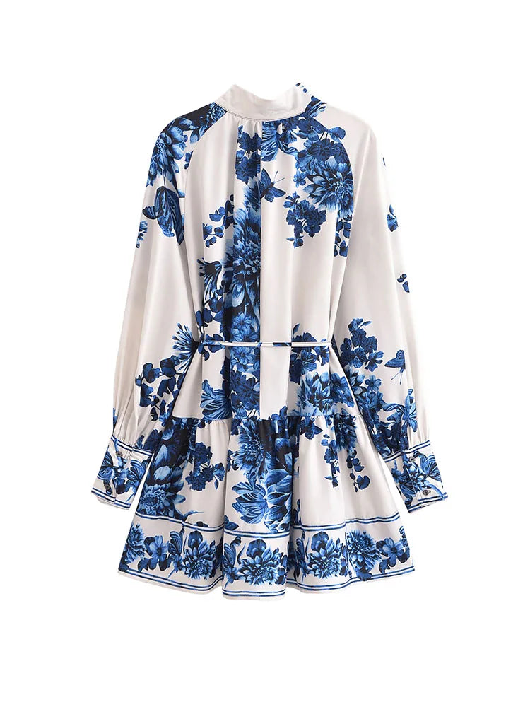 Womens Vintage Print Mini Dress With Bow Sash Long Sleeve