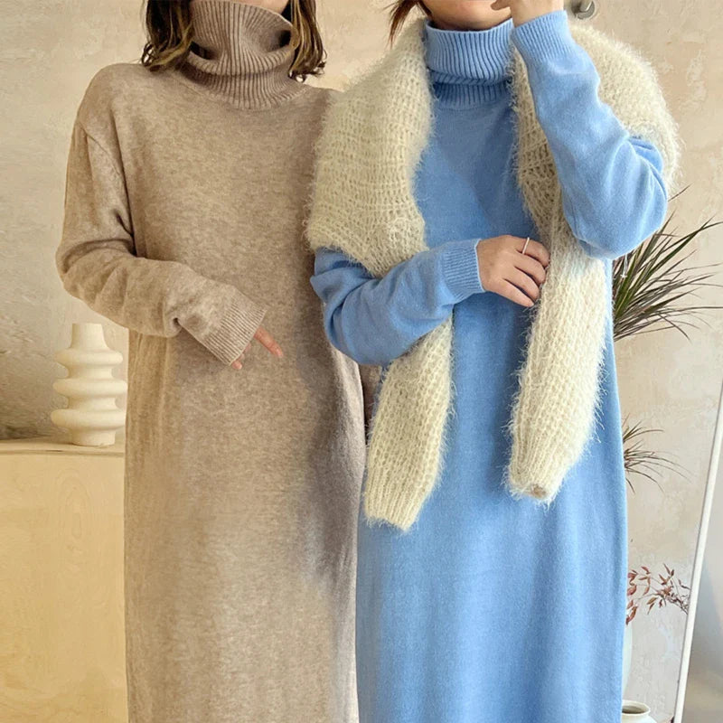 Cozy Turtleneck Sweater Dress For Women Knitted Long Sleeve