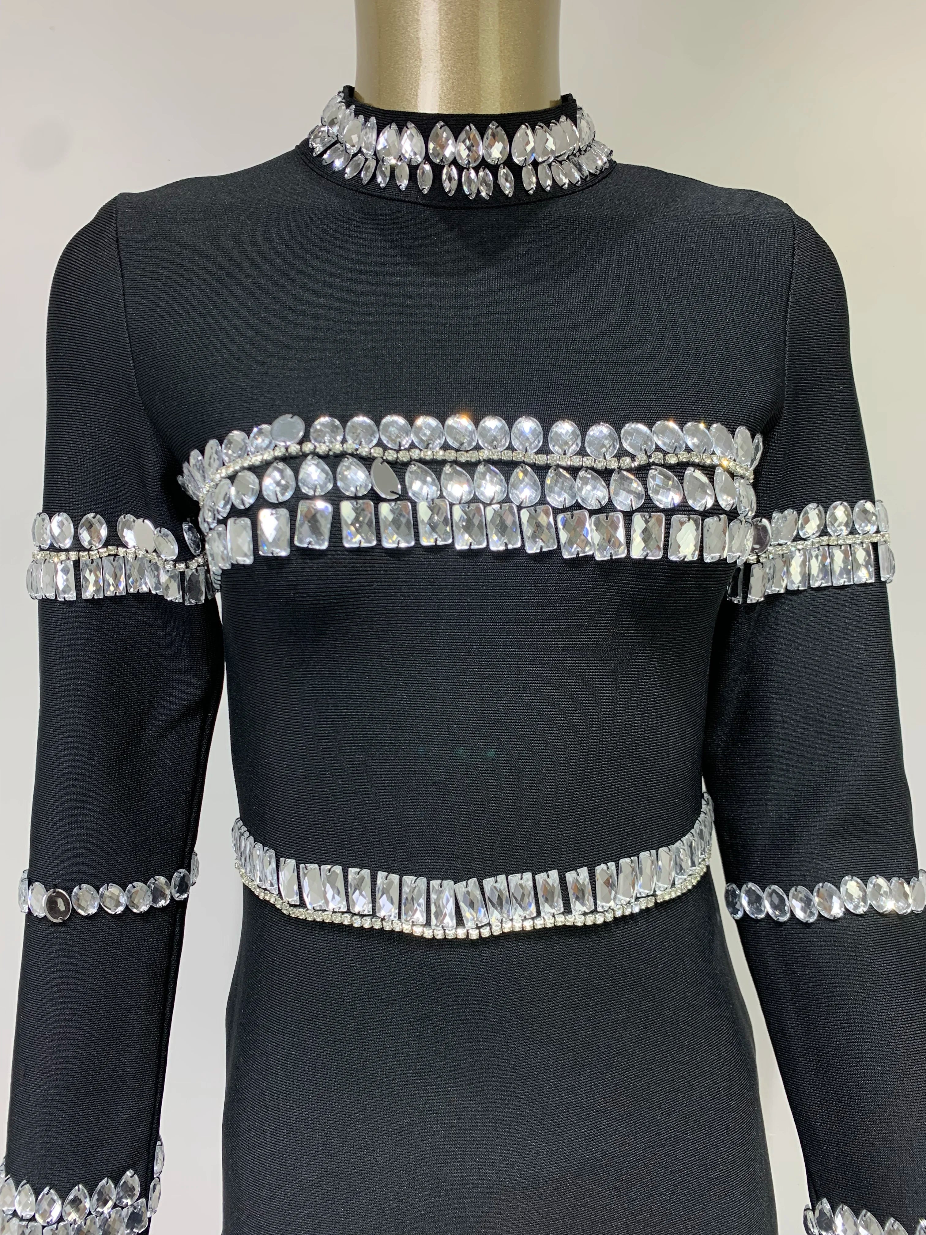 Nude Bandage Dress Beaded Turtleneck Long Sleeve Evening