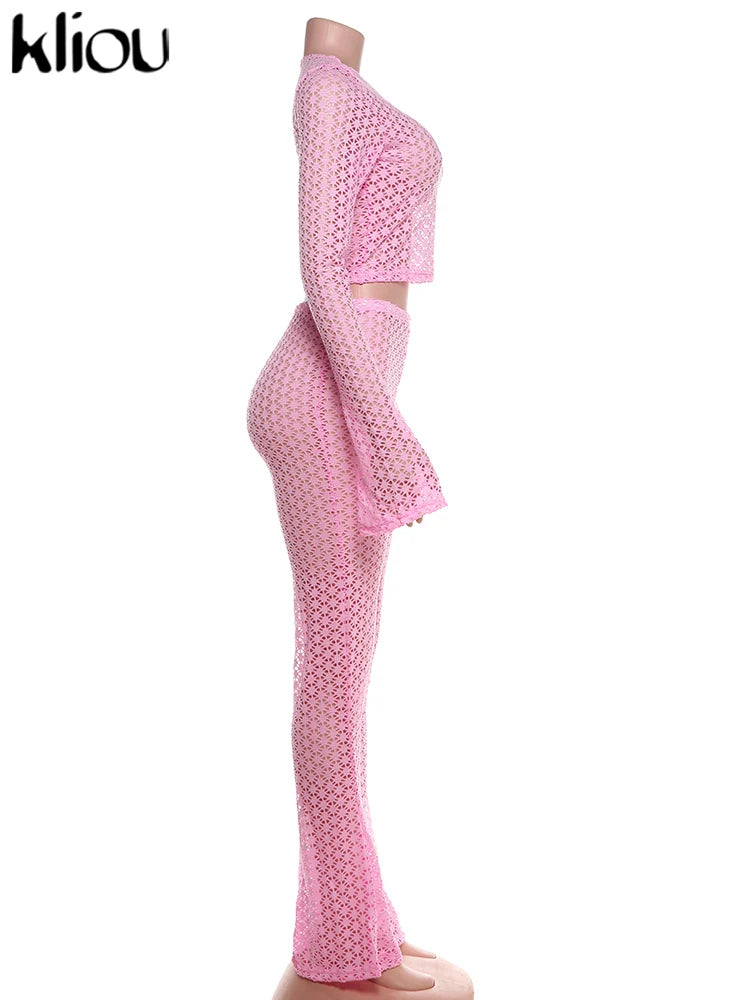 Sexy Coquette 2 Piece Set Sheer Long Sleeve Slim Top and High Waist Flare Pants Nightclub Outfit