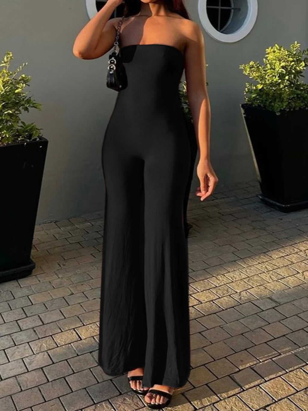 Black Strapless Elegant Long Jumpsuit for Women Slim Fit Wide Leg Flared Rompers Stylish Vacation Overalls