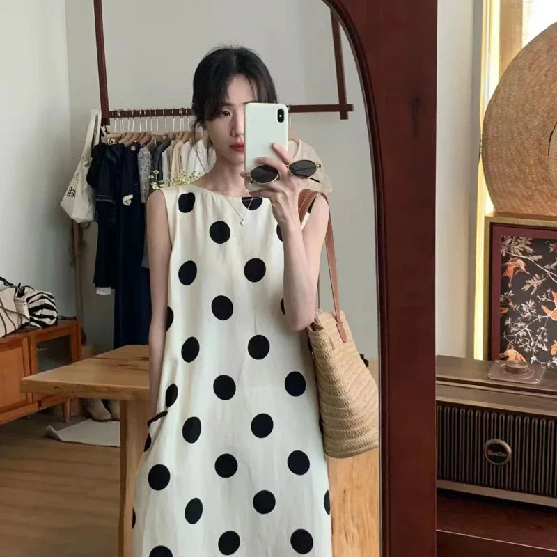 Sleeveless Maxi Dress For Women Side Slit Dot Print