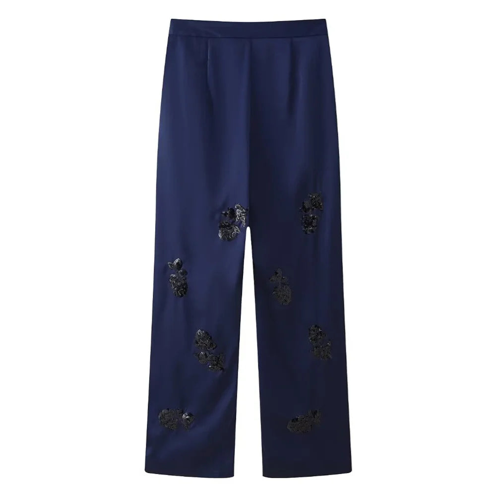 Women's Casual Polo Collar Long Sleeved Sequin Satin Kimono Coat and Bead Pants Set