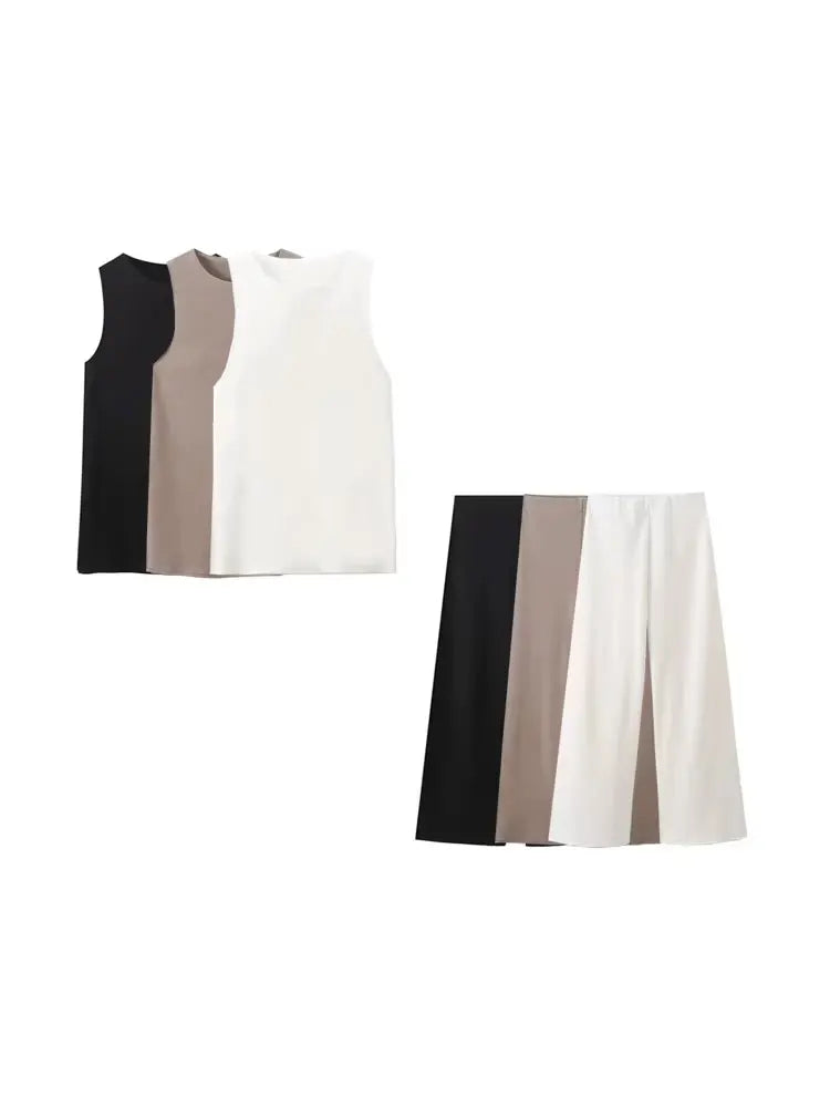 Women Casual Two Piece Set with Sleeveless Tank Top and Wide Leg Pants