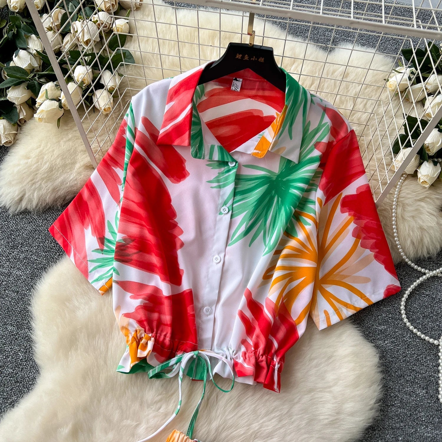 Summer Fashion Print Two Piece Set for Women with Loose Short Sleeve Tops and Elastic Waist Wide Leg Cropped Pants