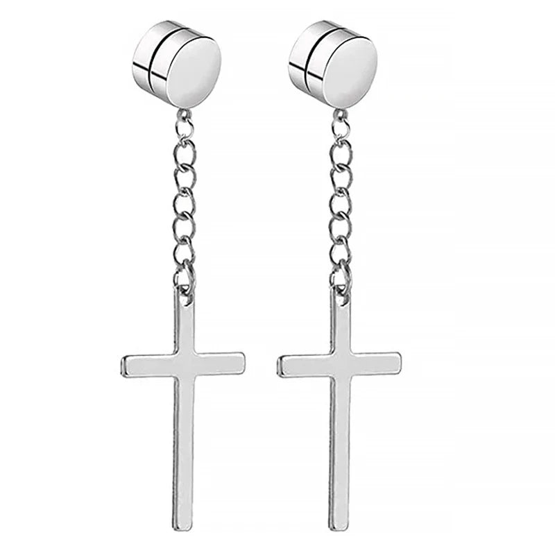 Magnetic Clip Earrings Stainless Steel Non-Piercing Stud Earrings for Men and Women with Black CZ
