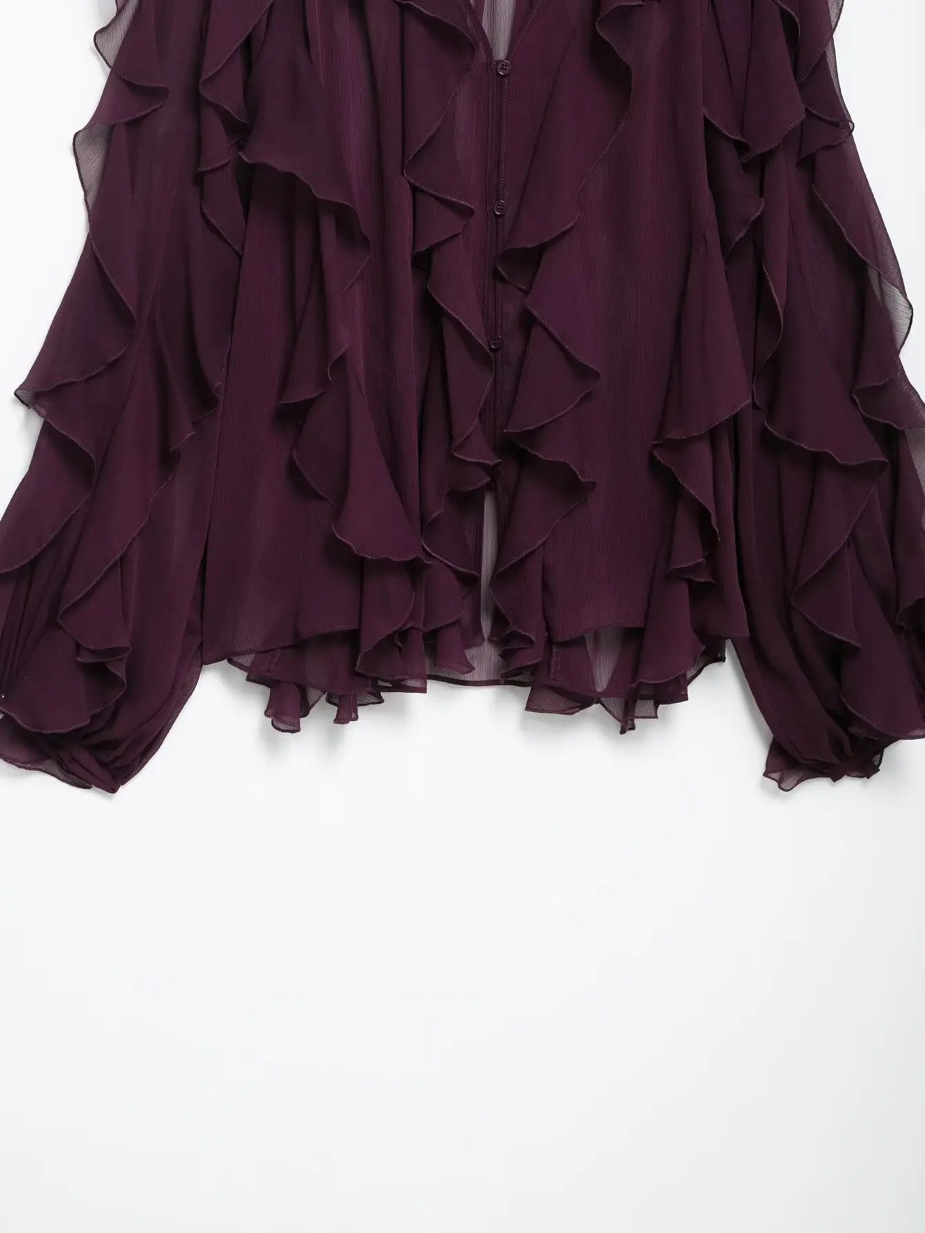 Women's Burgundy Ruffle Layer Casual Blouse Long Sleeve Loose Fit Button-Front Shirt High Street Fashion Top