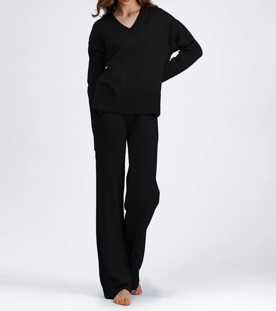 Casual Women's Sweater Pullover Knit Two-Piece Set with Loose Pants for Autumn and Winter