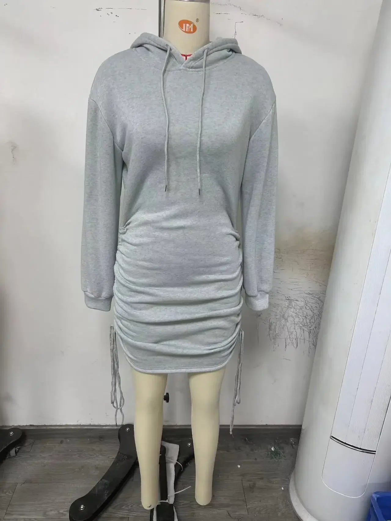 Hoodie Dress With Drawstring Ruched Drop Shoulder For Women