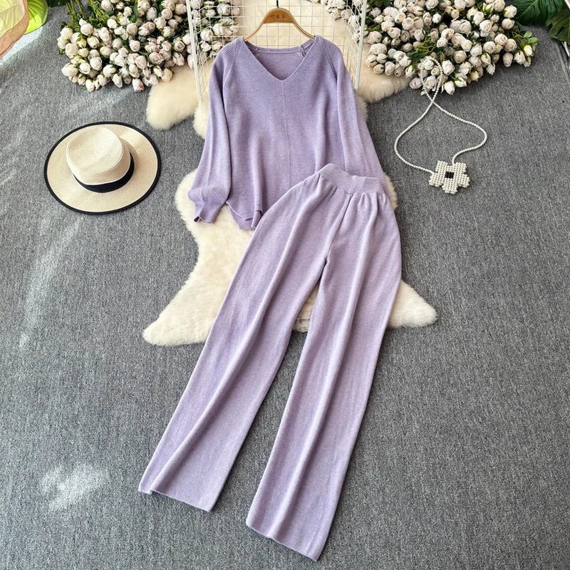 Cozy Knitted Two-Piece Women's Tracksuit Set with V-Neck Sweater and Straight Jogging Pants Autumn Winter Lounge Wear