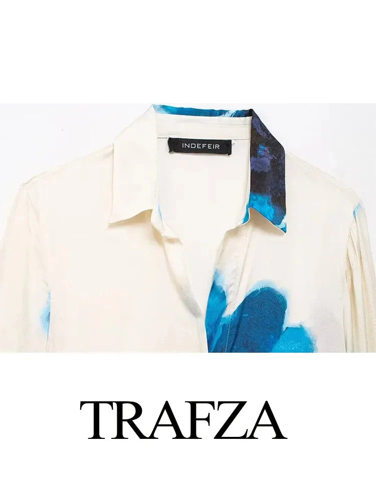 Trendy Summer Suit for Women with Printed Turn-Down Collar Long Sleeve Shirt and Elastic Waist Lace-Up Pants