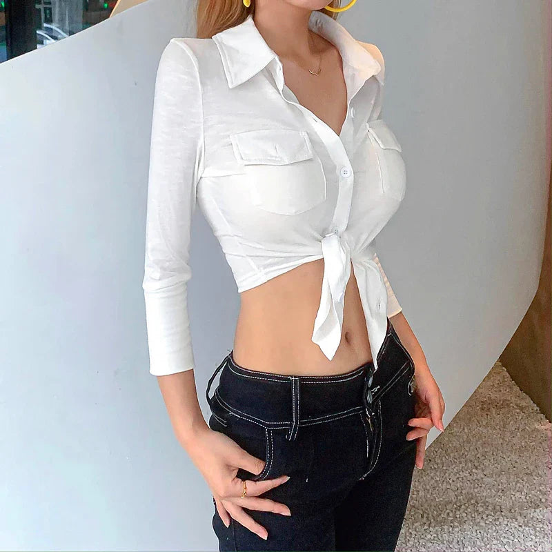 Sexy Polo Neck Button Up Crop Top Cardigan with Long Sleeves Twist Knot Bandage Vest for Women