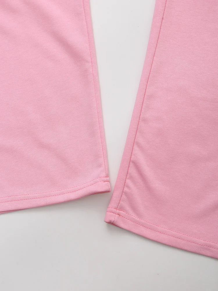 Women's Solid Casual Trouser Set with Short Sleeve T-Shirt and Elastic Waist Wide Leg Pants