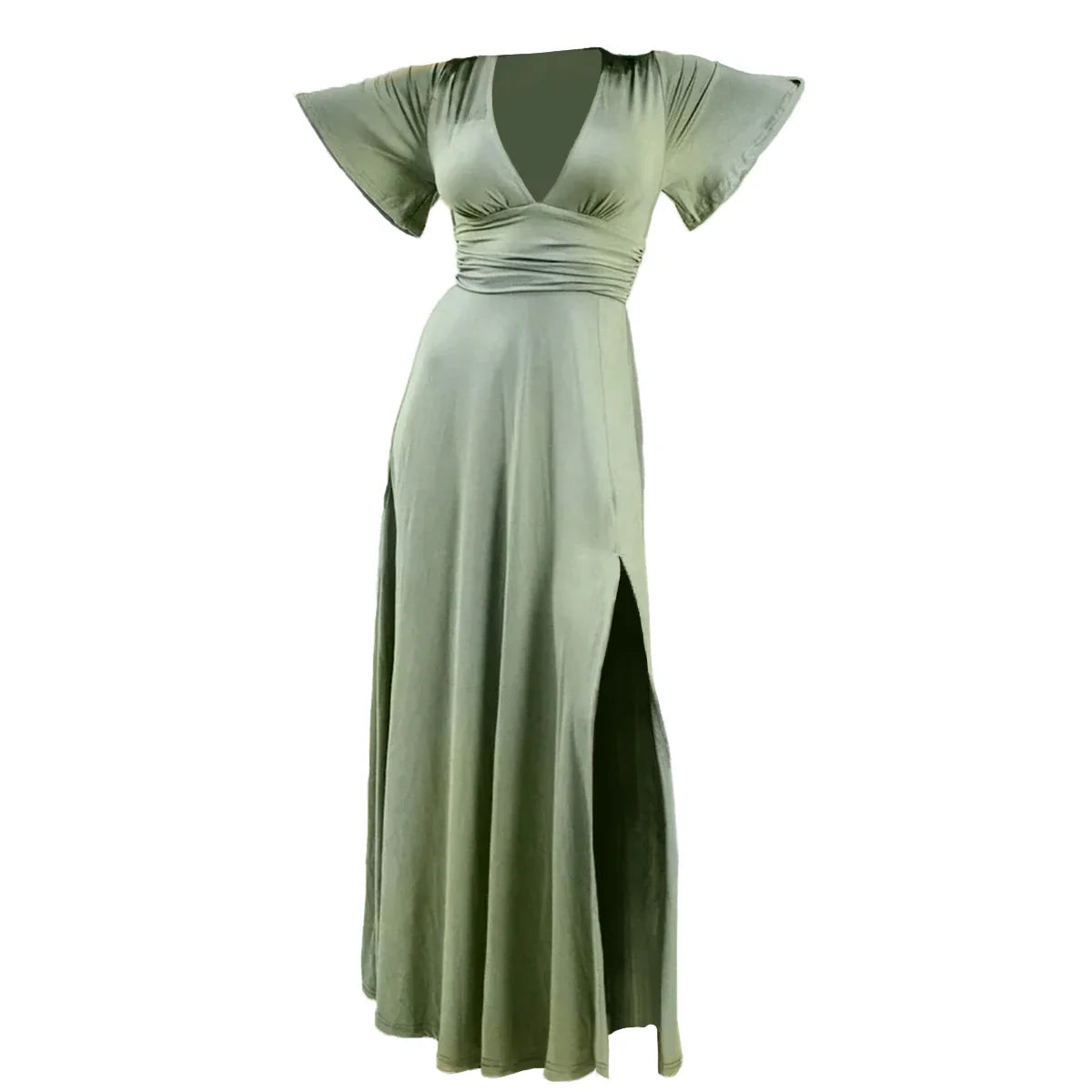 Green Knitted V Neck Maxi Dress With Slit And Short Sleeves