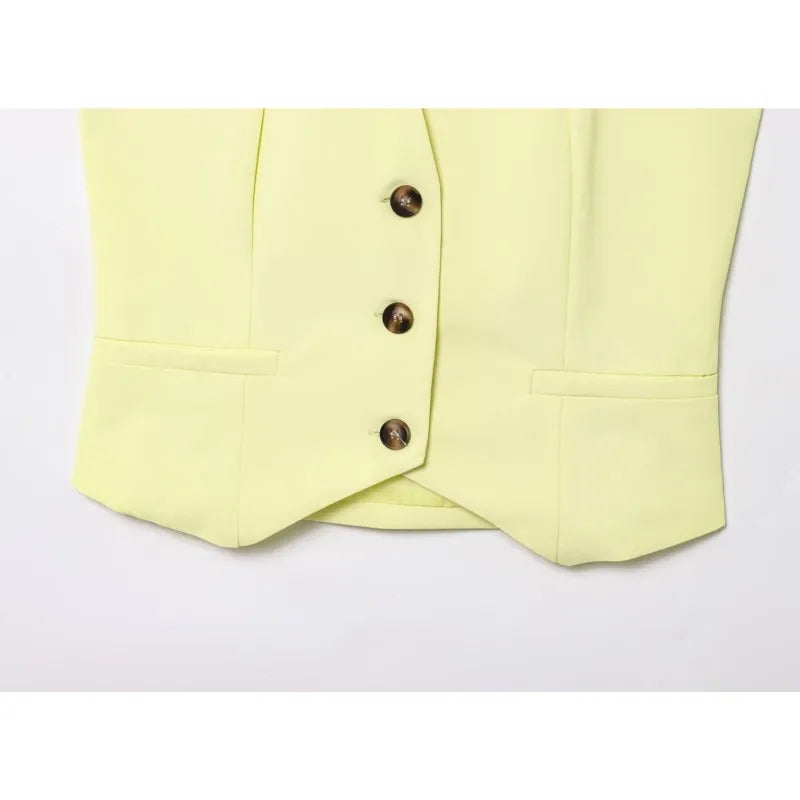 Double Pleat High Waist Trousers and V Neck Halter Waistcoat Two Piece Women's Fashion Outfit with Button Details