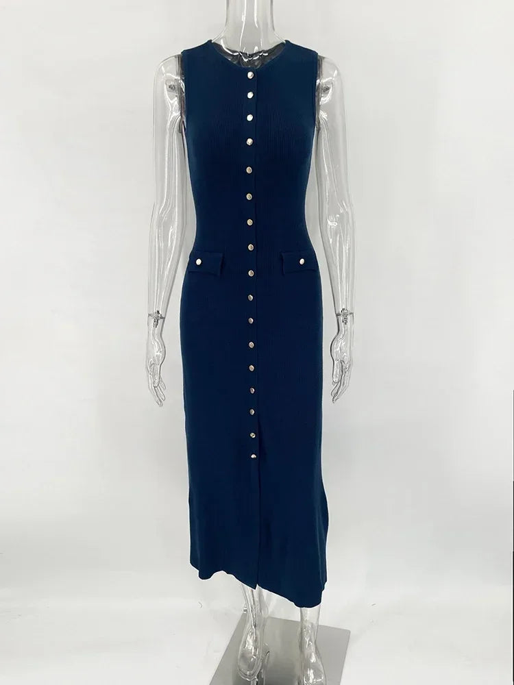 Elegant Sleeveless Ribbed Knit Bodycon Dress High Waist