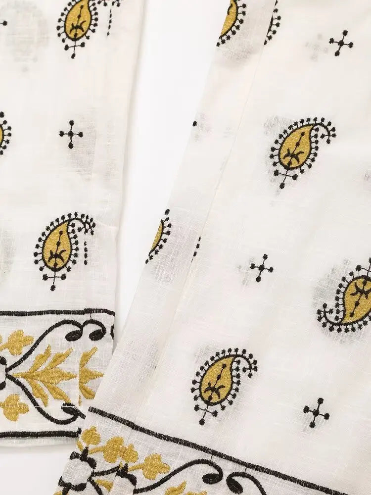 Vintage Women Embroidered Cardigan Coat and Wide Leg Trousers 2 Piece Outfit Set